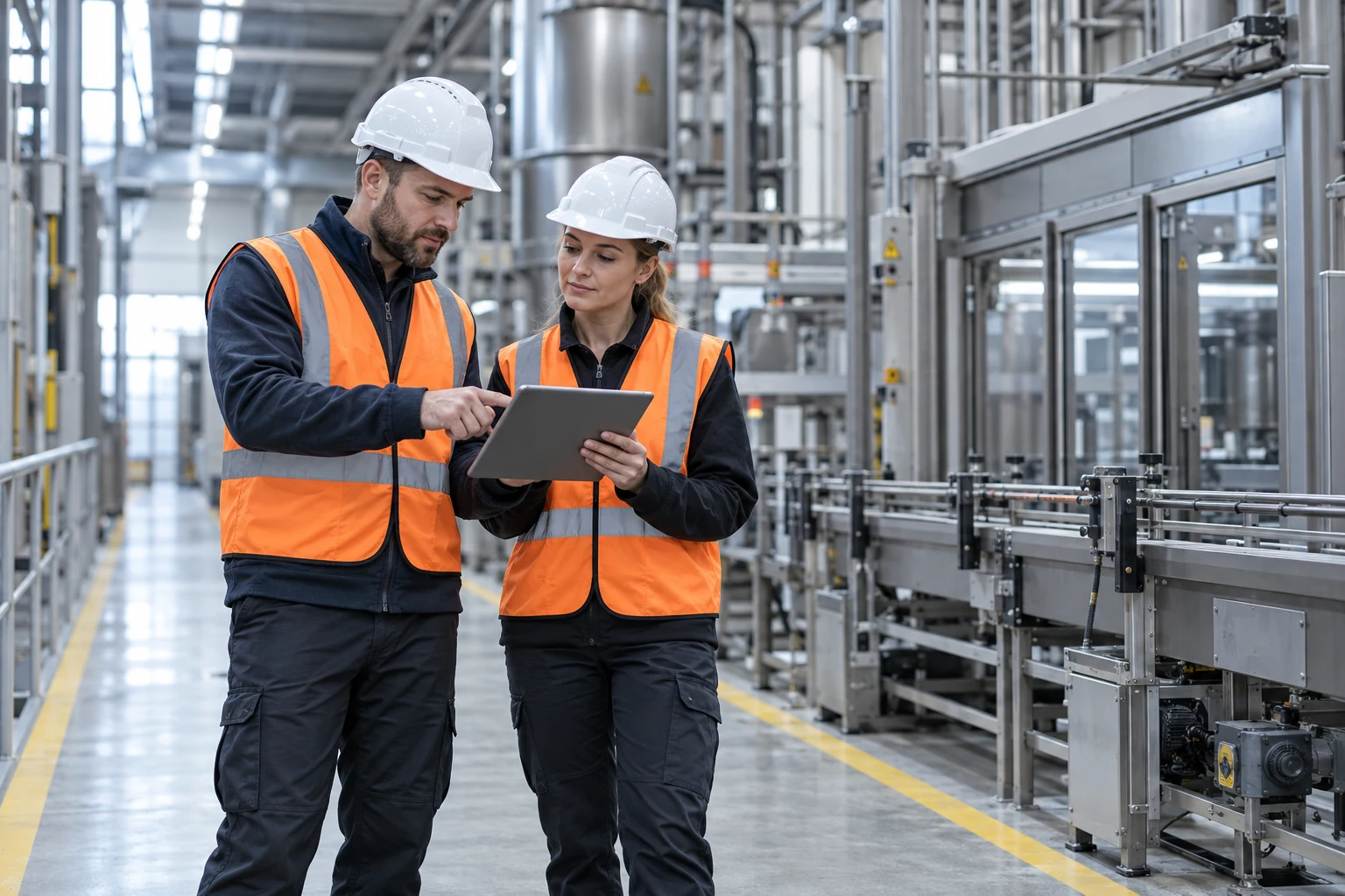 Two concept industrial engineers discussing a tablet on a factory walkway