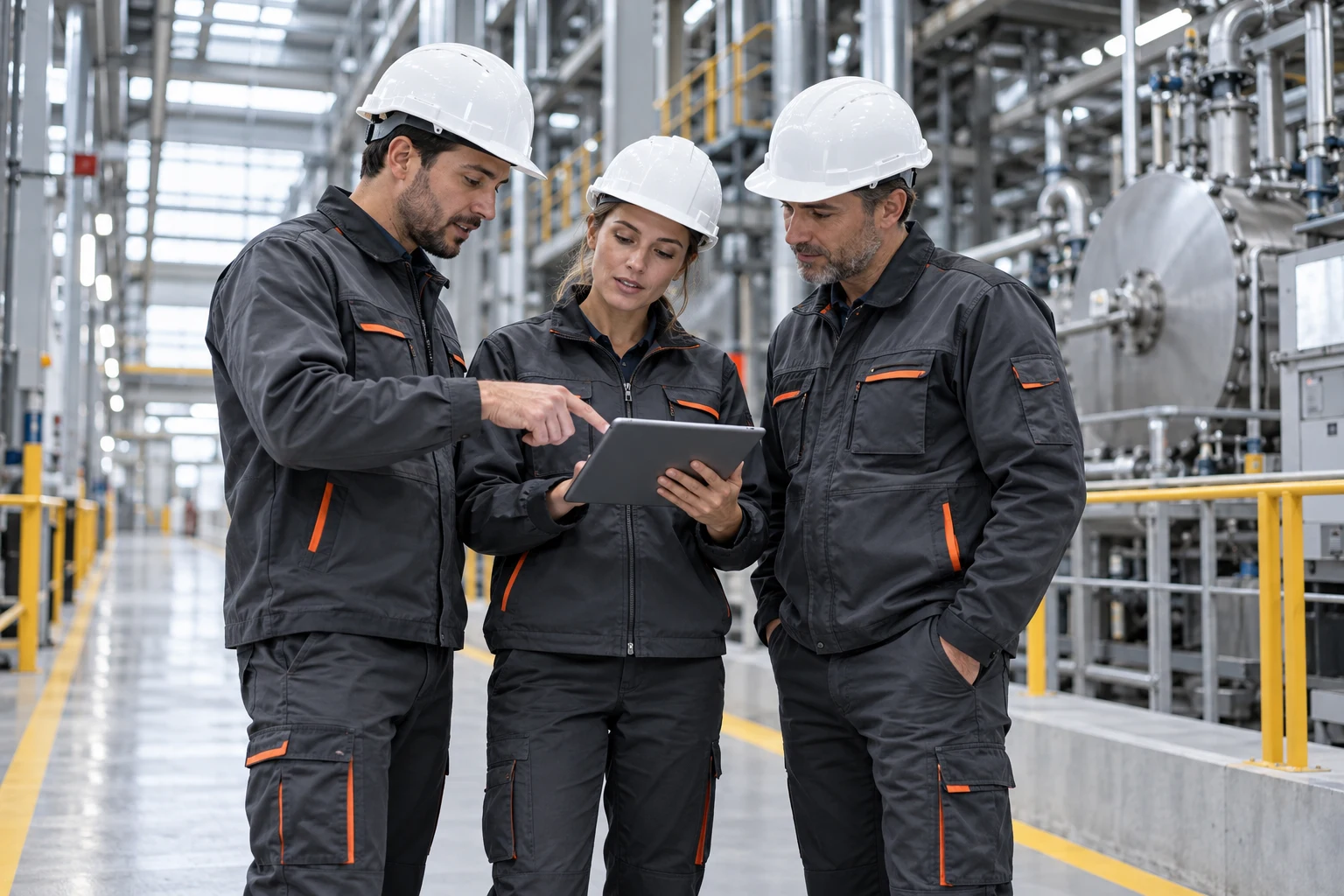 Engineers collaborating on a factory walkway